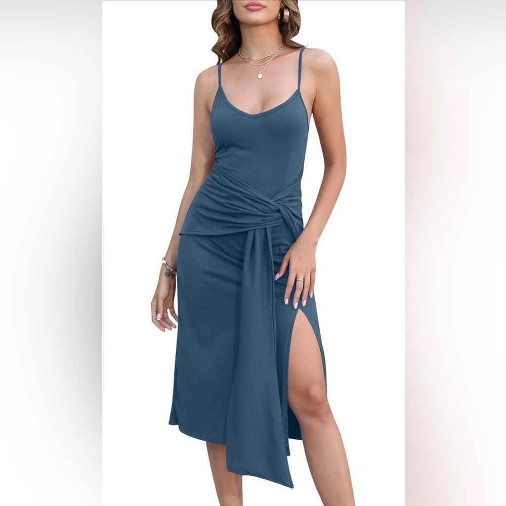 Sleeveless Midi Dress Square Neck Cutout Waist Drawstring Ruched Split Bodycon